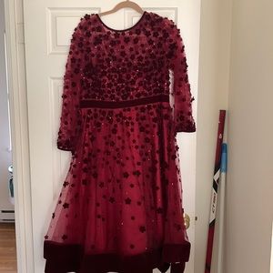MAC DUGGAL Floral-Embellished Fit & Flare Midi Dress in burgundy 14, Worn once.